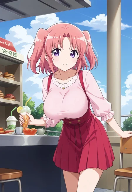 (score_9:0.9),score_8_up,score_7_up,rating_safe,anime style,(zPDXL),masterpiece, anime coloring) rating_safe, anime style, anime_screencap, source_anime,
BREAK source_anime, anime, best quality, masterpiece, rating_safe, uncensored, High quality, 8k, Ultra, Expressiveh,
BREAK (Cafe, cafe terrace, sunny weather, clouds, sun),
BREAK  1girl, kobeni, 
<lora:salopette_pony_V1.0:0.8> salopette, overall skirt,
BREAK  ((cowboy shot)),(leaning forward),(from below),
busty breasts,(large breasts:1.2),looking at viewer,smile,