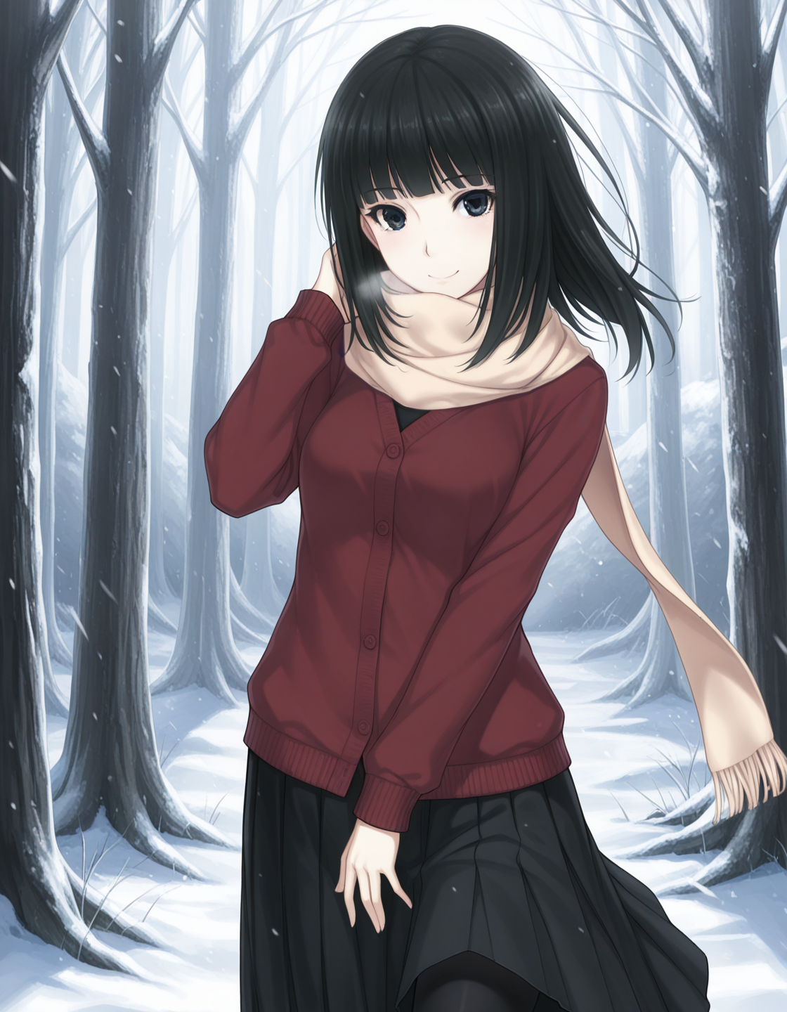 1girl, solo, takamiya meguri, black hair, medium hair, blunt bangs, black eyes, smile, red cardigan, long sleeves, scarf, black skirt, long skirt, pleated skirt, black pantyhose, one hand behind neck, looking at viewer, three quarter view, cowboy shot, outdoors, forest, snowy, wind, winter, light theme <lora:takamiya_meguri_ilxl_v1:0.7>