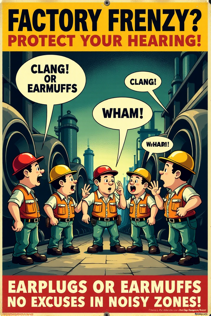"Vintage safety poster cartoon depicting a group of cartoon workers inside a ridiculously loud factory, surrounded by enormous, clanging machinery and comical sound effect lines ('CLANG!', 'BANG!', 'WHAM!').  None of the workers are wearing hearing protection; they are all yelling at each other with speech bubbles showing garbled, unintelligible text and strained expressions.  One worker is holding his ears in pain, with exaggerated spirals indicating ringing ears.  The sign text loudly proclaims: 'FACTORY FRENZY? PROTECT YOUR HEARING!  EARPLUGS OR EARMUFFS - NO EXCUSES IN NOISY ZONES!'  Render in a dynamic, vintage cartoon style, using exaggerated sound effect lettering and motion lines to convey the deafening noise.  Utilize a visually jarring color palette of clashing yellows, oranges, and reds to emphasize the unpleasantness of loud noise. Visually stunning vintage cartoon, strong safety reminder, high detail in sound effect typography and worker's reactions to noise." <lora:REMEs_War_Poster_Style:0.9> In REME's War Poster Style,âââ