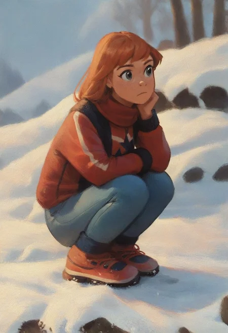 score_9, score_8_up, score_7_up, score_6_up, score_5_up, score_4_up, rating_safe, masterpiece monet painting, julie_power, squatting in the snow