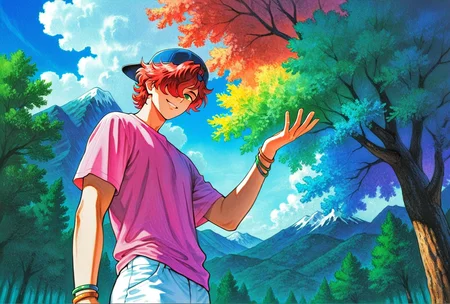 masterpiece,best quality,amazing quality, multfx, colorful, colored shading, hued shading, cyb88, traditional media, SSALBE, 1boy, solo, male focus, wavy hair, short hair, pink-red hair, hair over one eye, green eyes, backwards cap, headwear, pink shirt, white pants, smile, from the side, from below, side glance, looking at viewer, hand up, bracelets, upper body, outdoors, trees, cloudscape, mountain