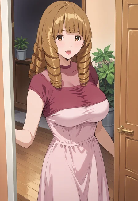 azukimama, 1girl, solo, ringlets, brown hair, brown eyes, , medium hair, pink lips, , gown, short sleeves, open mouth, large breasts, blunt bangs, cowboy shot,smile, looking at viewer, doorway, mature female, pink dress <lora:azukimama_pony:0.9> wooden floor, , potted plant, indoors,, score_9, score_8_up, score_7_up, score_6_up, score_ANIME,