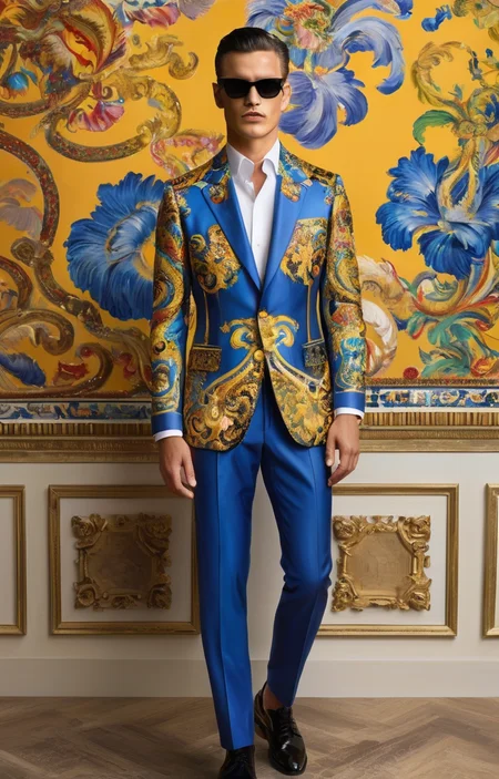 masterpiece,best quality,<lora:tbh361-sdxl:0.6>,illustration,style of Stefano Gabbana, Versace's bold baroque print suit, vibrant colors, luxury menswear, Milan fashion scene