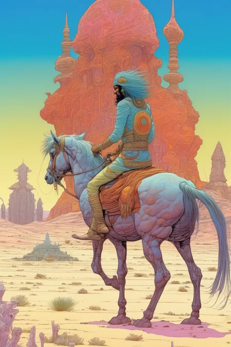 <lora:Moebius (Jean Giraud) Style:1>Moebius (Jean Giraud) Style - psychedelic Hindu warrior riding through desert oasis on horse like creature. temples in the background.