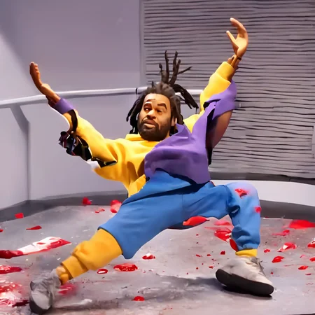 a photo of a cinematic still of rhwrld , dreads in a bun, in the style of rbtchkn <lora:riiahworldxl:1> rhwrld <lora:jcoleXL:0.9> robot chicken, rbtchkn, robot chicken tv show, stop motion, depth of field , close up, wearing a yellow hoodie, wearing blue joggers, bleeding out of his shirt, bleedin,  in a space ship
