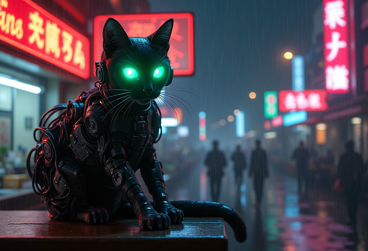 Masterpiece, 4k, 8k, high quality, highly detailed, concept art, A cyberneticly enhanced cat, glowing neon green eyes, cables on back, robotics, one paw is metalic, looking at viewer, sitting on a bar of a noodle shop, grooming itself, cyberpunk setting, raining, neon lights,