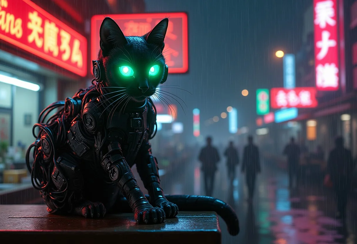 Masterpiece, 4k, 8k, high quality, highly detailed, concept art, A cyberneticly enhanced cat, glowing neon green eyes, cables on back, robotics, one paw is metalic, looking at viewer, sitting on a bar of a noodle shop, grooming itself, cyberpunk setting, raining, neon lights,