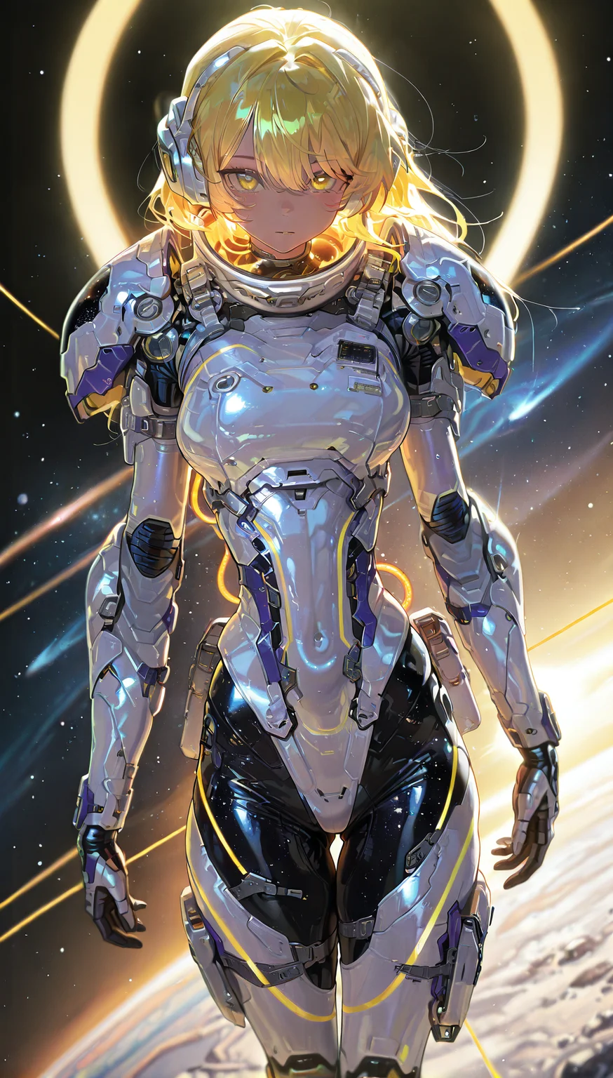 masterpiece, best quality, amazing quality, very aesthetic, absurdres,  newest, volumetric lighting,
space_space,
1girl,solo,golden yellow hair,space armor,shoulder armor,futuristic,neon lines glow,
masterpiece, best quality, amazing quality, very aesthetic, absurdres,  newest, volumetric lighting,
 ,<lora:Space_suit__illustrious:0.8>,
