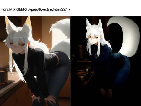 by z-ton, (by krekkov, by QUASARCAKE:0.725), (by mossacannibalis, by xilmo:0.65), <lora:MIX-GEM-XLvpred06-extract-dim32:1>,
1girl, animal ear fluff, animal ears, bangs, bent over, black pants, black sweater, breasts, casual, closed mouth, cooking, cooking pot, denim, extra ears, fox ears, fox girl, fox tail, hair between eyes, hands on own knees, indoors, jeans, jewelry, kitchen, leaning forward, long sleeves, looking at viewer, necklace, pants, shirt, sidelocks, smile, solo, standing, sweater, tail, tail raised, turtleneck, turtleneck sweater, white hair, yellow eyes,
masterpiece, best quality, very awa, absurdres, highres, tenebrism, chiaroscuro