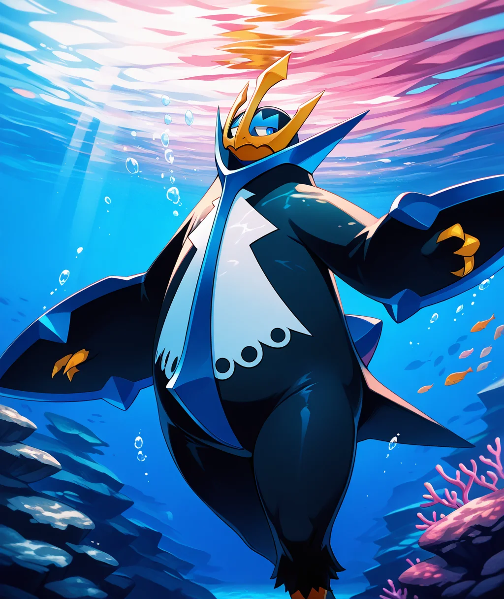 vibrant, detailed, detailed background, amazing quality, colorful, masterpiece, 8k, rtx,  <lora:empoleon-illus-15:1> pempo, pinguin_boy, (solo, alone), (empoleon), swimming, underwater, lying, other focus, feet out of frame,