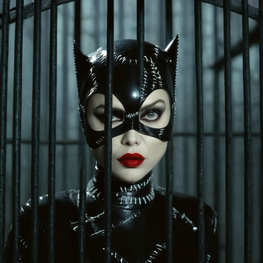 cinematic film still of  <lora:Catwoman 1992:1>
Catwoman a woman in a cage with a red lipstick tim burton style,1girl,solo,looking at viewer,black hair,parted lips,teeth,artist name,signature,black eyes,lips,makeup,mask,lipstick,realistic,red lips, cage, fences, shallow depth of field, vignette, highly detailed, high budget, bokeh, cinemascope, moody, epic, gorgeous, film grain, grainy