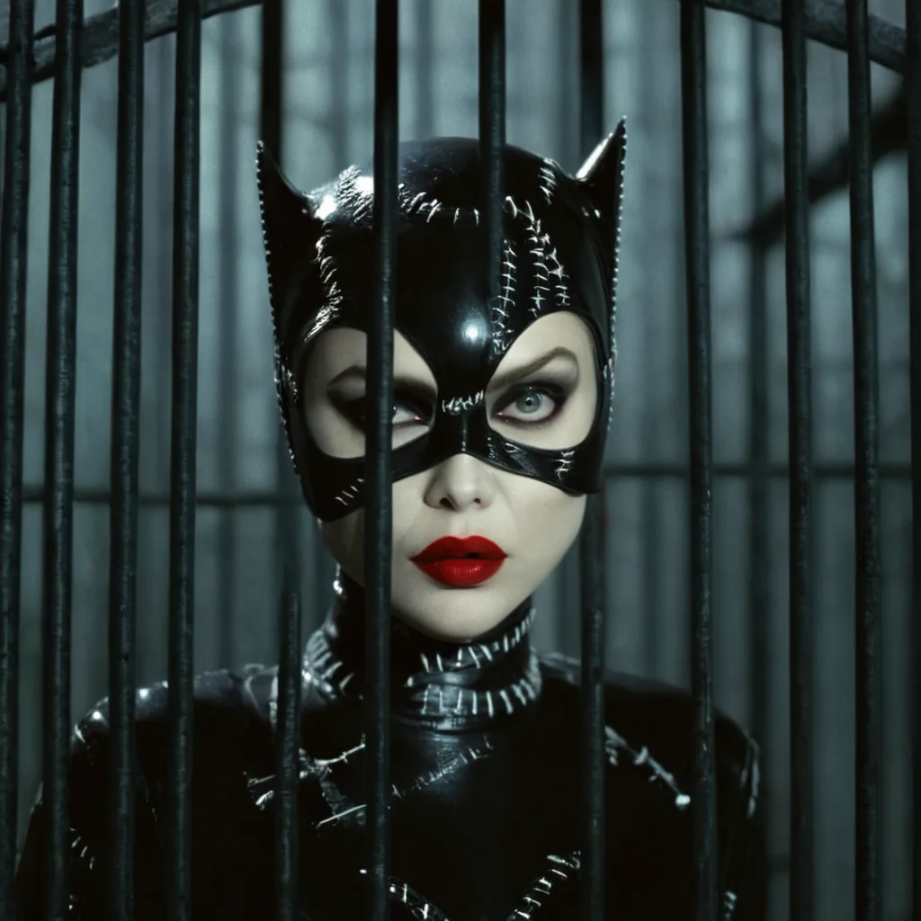 cinematic film still of <lora:Catwoman 1992:1>
Catwoman a woman in a cage with a red lipstick tim burton style,1girl,solo,looking at viewer,black hair,parted lips,teeth,artist name,signature,black eyes,lips,makeup,mask,lipstick,realistic,red lips, cage, fences, shallow depth of field, vignette, highly detailed, high budget, bokeh, cinemascope, moody, epic, gorgeous, film grain, grainy