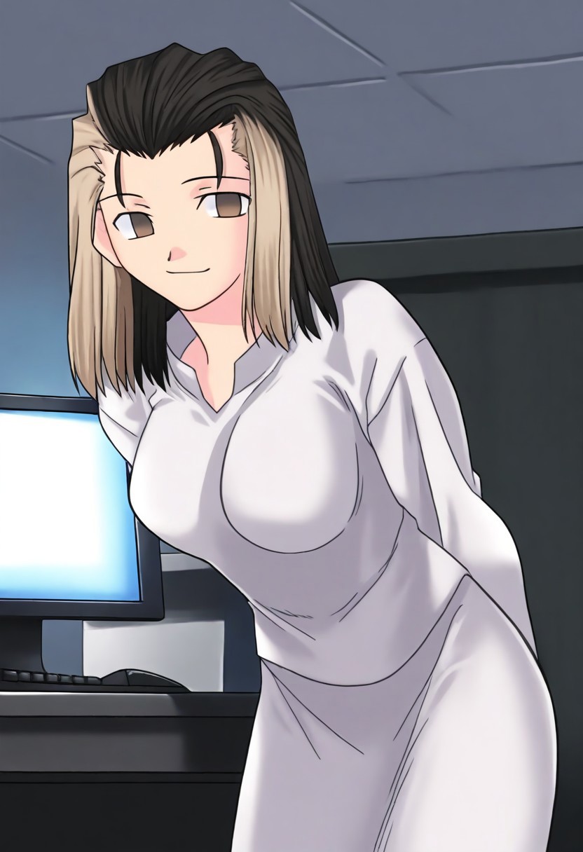 masterpiece, best quality, <lora:Tsukihime NXL:1>,solo,masterpiece, best quality, 
1girl, female focus, large breasts,  solo, brown eyes, thin brown streaks in hair, black hair, thin blonde streaks in hair, multi-colored hair, medium hair,wavy hair, hair part, side part, hair slicked back, small mouth, short nose, small nose, cute face, soft hair,
indoor, office, head tilt, hands behind back, leaning forward, quarter view,  innocent smile, comforting feeling, 
computer,