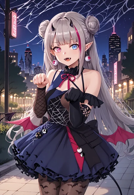 1girl, solo, solo focus, highres, absurdres, MDR3rd, long hair, streaked hair, multicolored hair, hair bun, grey hair, jewelry, double bun, heterochromia, black dress, blue eyes, earrings, pointy ears, black gloves, pink eyes, pink hair, pantyhose, bangs, elbow gloves, wings, horns, bat print, bare shoulders, spider web print, demon tail, layered dress, low wings, blue dress, multicolored dress,

looking at viewer, paw pose, open mouth, fangs,

park, cityscape, neon lights, shade, night, night sky, dark, backlighting,