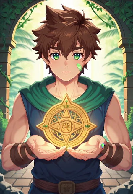 masterpiece, best quality, intricate details, semi-realistic, , depth of field, 1boy, solo, male focus, <lora:keitaro_nagame_ilxl:0.96>, keitaro_nagame, brown hair, green eyes, short hair, bandaid on face, , jungle temple, stone guardians, vine doors, ritual chambers, ceremonial pose, reverent expression, filtered light,