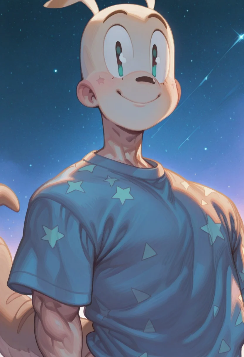 male, males only, male focus, Rocko, tail ( muscular,), looking at viewer, upper body, star (symbol), solo, shirt, star (sky), happy, 6l005, masterpiece, very aesthetic, absurdres