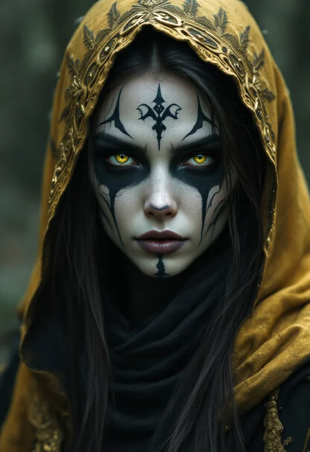 hyperrealism, elven girl, a stunning photo of a gorgeous necromancer female Aerenal Elf, gold and black robes, face warpaint, skull face paint, gorgeous, 8k HD, detailed skin texture, ultra realistic, textured skin,. (maximum ultra high definition image quality and rendering:3), maximum image detail, maximum realistic render, (((ultra realist style))), realist side lighting, , 8K high definition, realist soft lighting, (amazing special effect:3.5)