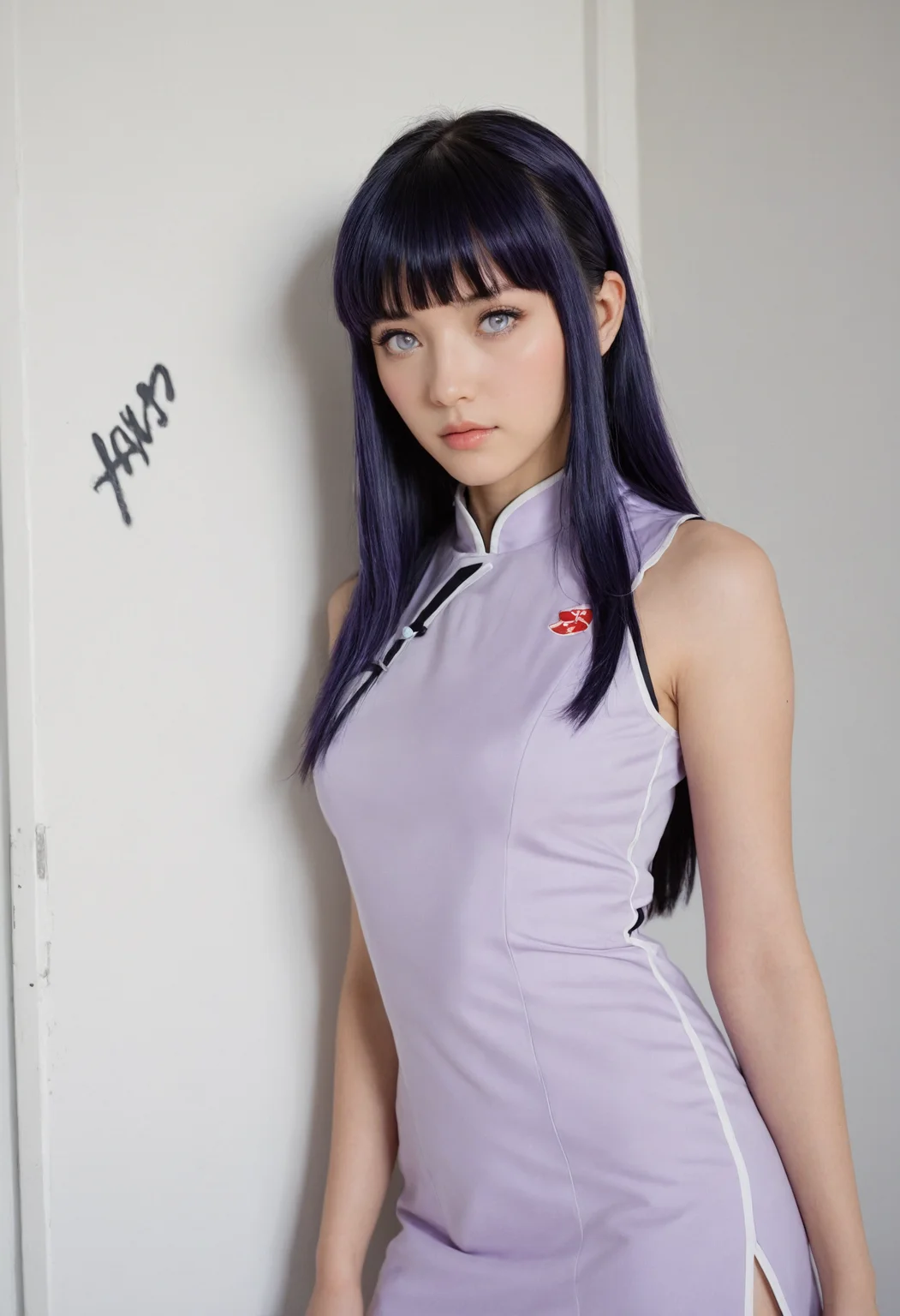 Hyperrealistic art <lora:Hinata Hyuuga:1>,hhwiafu,woman,bangs,photo,1girl,cheongsam,, This is a high-resolution photograph taken with a likely DSLR camera, possibly a Canon EOS series, with a shallow depth of field focusing on the subject while the background is slightly blurred. prompt . , The sunlight creates natural lighting, casting shadows and highlighting her features. The background includes more graffiti on a white door and a slightly blurred wall with additional tags. The image has no visible JPEG artifacts., (raven colored hair, straight hair,hime cut, bangs, very long hair:1), (Eyes, Pale lavender/white, lacking visible pupils under normal conditions:1), (Skin, Fair complexion:1), (Height, Starts as petite but grows taller:1), (Build, Slender but athletic:1). . Extremely high-resolution details, photographic, realism pushed to extreme, fine texture, incredibly lifelike