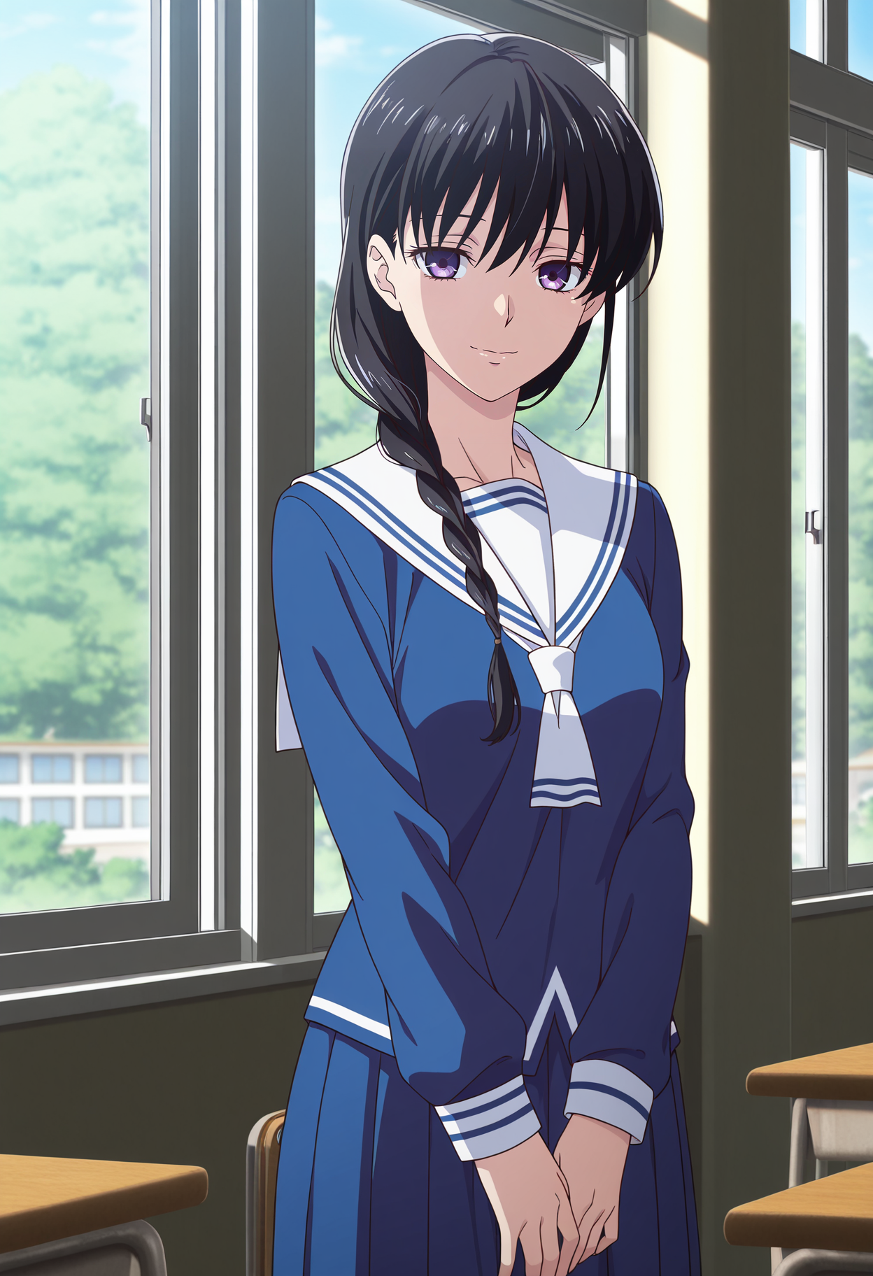 1girl,solo,mm,aged up,long hair,black hair,purple eyes,anime coloring,
braid,hair over shoulder,school uniform,serafuku,blue shirt,skirt,looking at viewer, light smile, classroom, window,day,cowboy shot, 
,masterpiece,best quality,amazing quality,<lora:Saki_Hanajima-Fruits_Basket_IL:0.8>