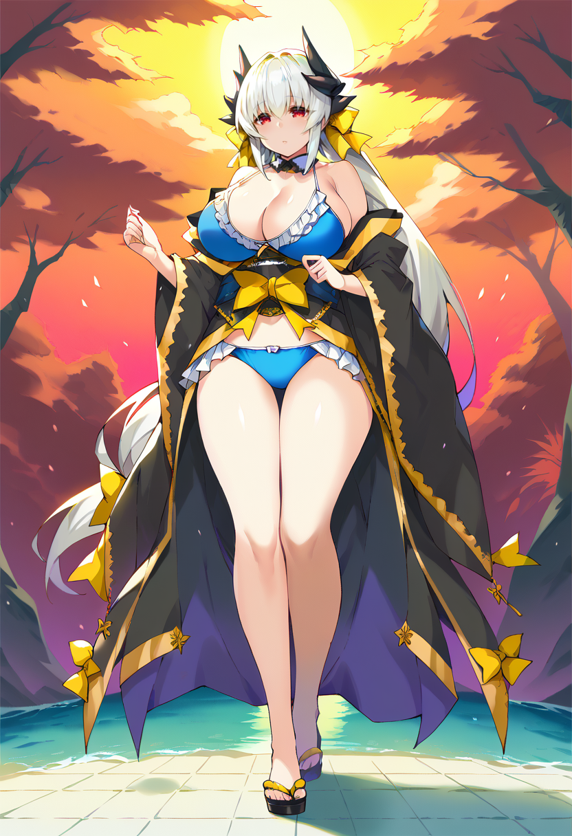score_9, score_8_up, score_7_up, source_anime BREAK 1girl,  <lora:spfateKiyohimeXLPony:1> kiyola3st, white hair, horns, yellow bow, blue bikini, cleavage, frills, frilled bikini, japanese clothes, black kimono, standing, full-body shot,   huge breasts, undersized clothes <lora:Sky-Freedom-Style-PonyXL-Dora-000012:1>