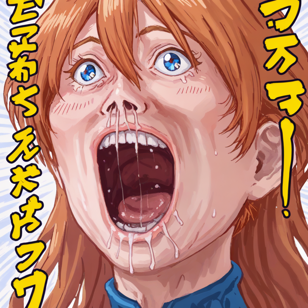 score_9, score_8_up, score_7_up,
absurdres, hires, source anime,
1girl,souryuu asuka langley, rebuild of evangelion, blonde hair, hair between eyes, aged up, hair down, blue eyes, plugsuit,
open mouth,solo,smile, style_parody, blush,  snot, saliva, drooling,face, emphasis lines, archaic japanese text, text,
<lora:natsumi_ikitottanka_ware_v002_pony:1> <lora:asuka_agedup_XL_0061_pony:1>,