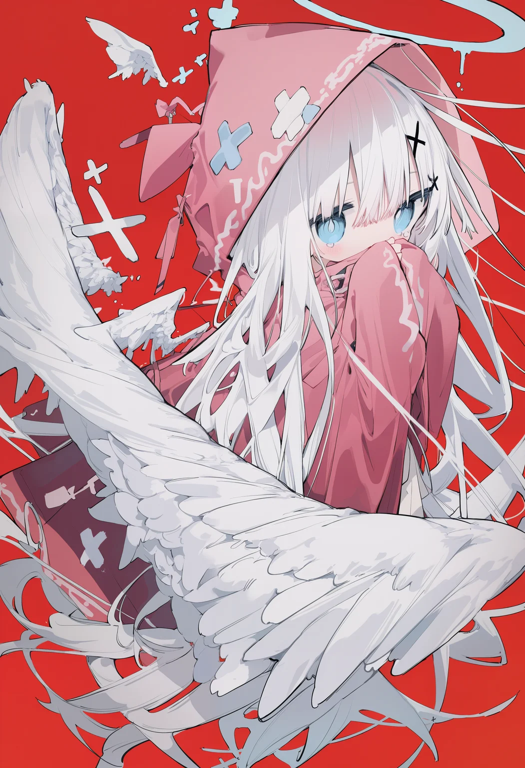 amazing quality, newest, absurdres, hires, chromatic abberation, 1girl, solo, hands over own mouth, white hair, x hair ornament, very long hair, blue eyes, hooded cloak, angel wings, large wings, red background, looking at viewer, from above, <lora:NanmoKaken>