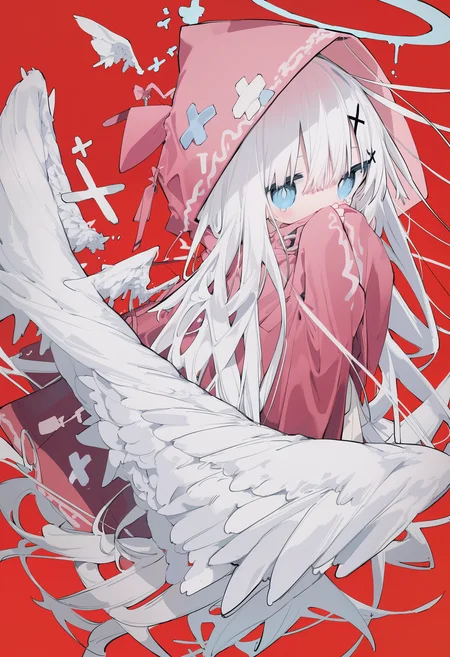 amazing quality, newest, absurdres, hires, chromatic abberation, 1girl, solo, hands over own mouth, white hair, x hair ornament, very long hair, blue eyes, hooded cloak, angel wings, large wings, red background, looking at viewer, from above, <lora:NanmoKaken>