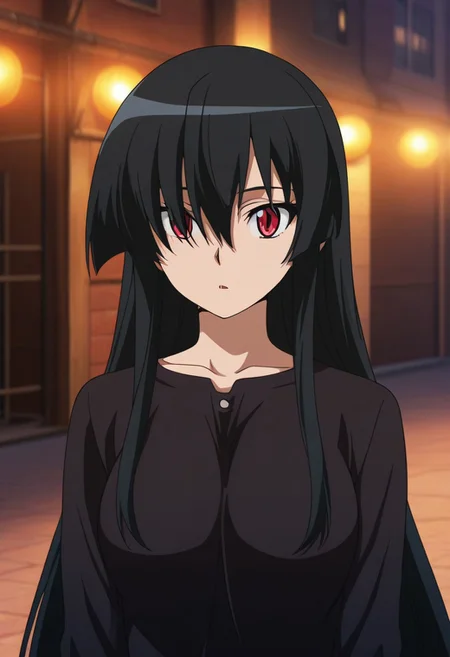Akame, long hair, black hair, red eyes, slit pupils, hair over one eye, masterpiece, newest, absurdres, incredible absurdres, best quality, incredible quality, very aesthetic, 1girl, depth of field, blurred foreground, bokeh, modern city, orange trees, fences, curious