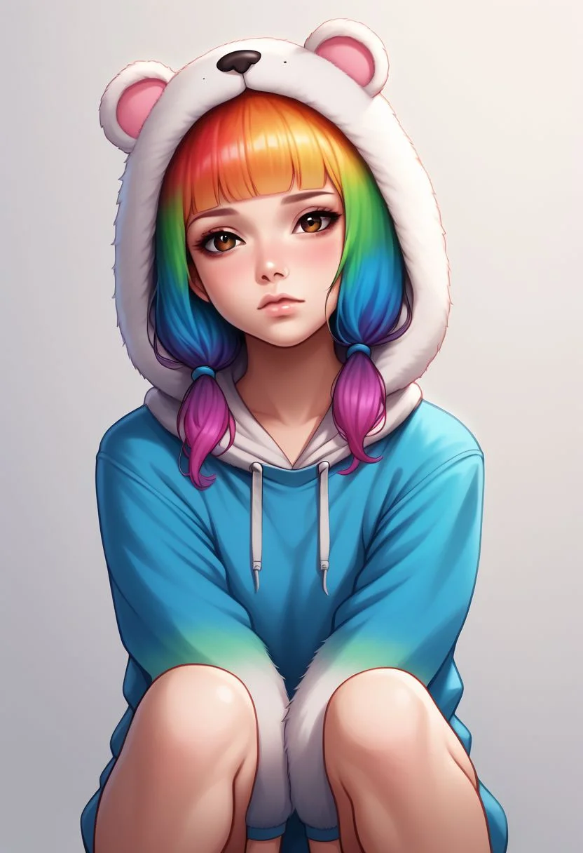 prideb4fall, 1girl, solo, hood, multicolored hair, looking at viewer, rainbow hair, sitting, realistic, blunt bangs, lips, hugging own legs, simple background, hoodie, knees up, long sleeves, gradient hair, hood up, closed mouth, animal hood, animal ears, brown eyes, made of rainbows, rainbow overlay, pride month, rainbows
zPDXL2