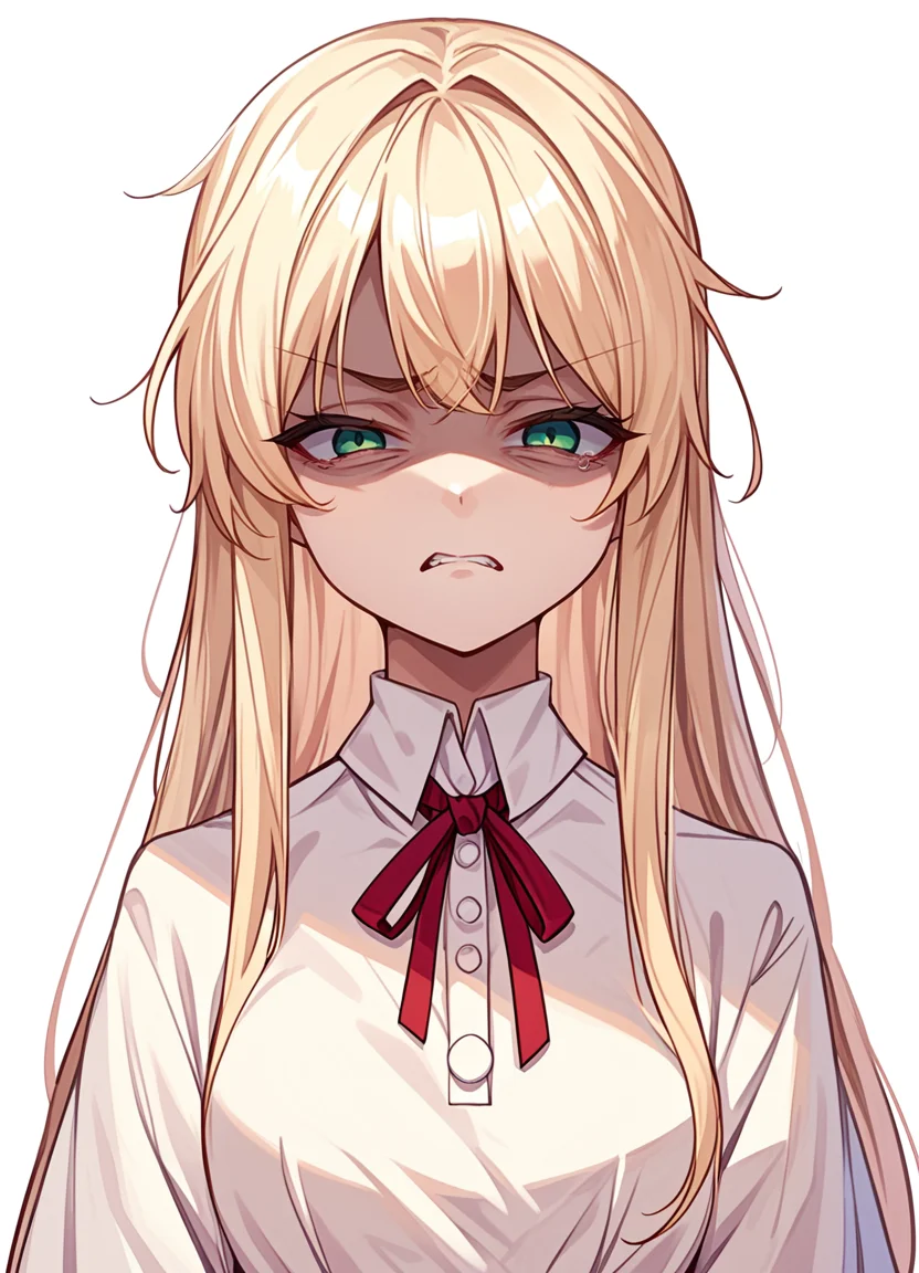 score_9,score_8_up,score_7_up,score_6_up, source_anime, <lora:disgusted_face_xl_goofy:1> disgusted face, solo, 1girl, looking at viewer, disgust, dress, upper body, white background , long hair, hair pulled back,shaded face,