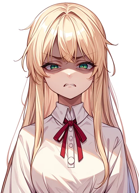 score_9,score_8_up,score_7_up,score_6_up, source_anime, <lora:disgusted_face_xl_goofy:1> disgusted face, solo, 1girl, looking at viewer, disgust, dress, upper body, white background , long hair, hair pulled back,shaded face,