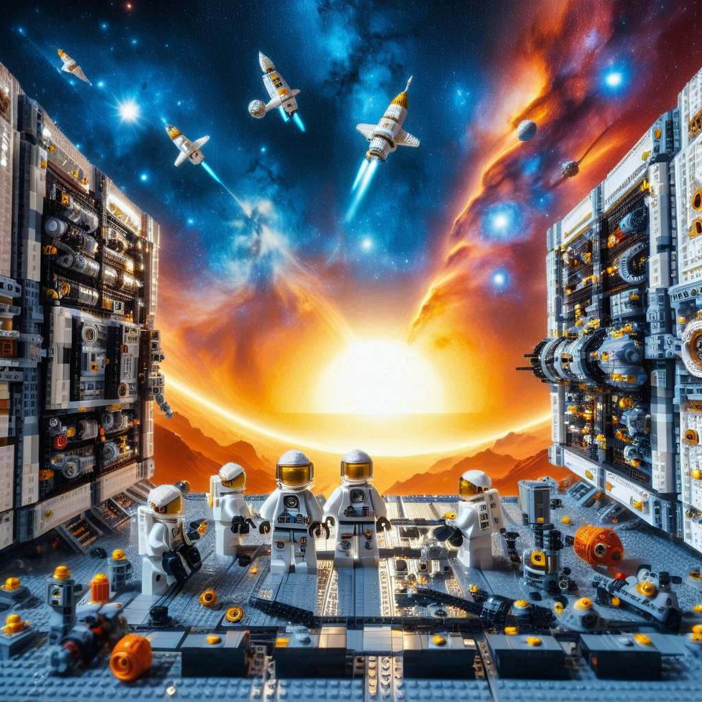 embedding:lazypos,A Lego space station orbiting a brick-built planet, astronauts in white-and-orange suits repairing solar panel arrays, zero-gravity Lego tools floating near airlocks, starfield background with nebula swirls, cinematic scale contrast. <lora:Expert_Lego_set:1.0000000000000002> <lora:TrendCraft_The_Peoples_Style_Detailer-v1.0A-3_13_2025-illustrious:0.8000000000000002>