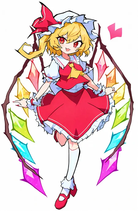 flandre_scarlet, 1girl, solo, looking_at_viewer, smile, open_mouth, simple_background, shirt, skirt, blonde_hair, white_background, red_eyes, hat, ribbon, white_shirt, full_body, short_sleeves, heart, frills, wings, shoes, socks, puffy_sleeves, fang, vest, red_ribbon, puffy_short_sleeves, wrist_cuffs, ascot, white_headwear, red_skirt, one_side_up, white_socks, mob_cap, frilled_skirt, hat_ribbon, red_footwear, skirt_set, crystal, yellow_ascot, red_vest