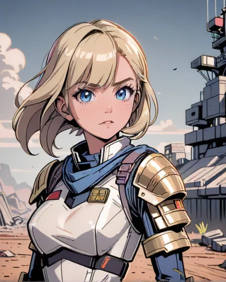 anime style, 1girl Desirous, solo, solo, from front, front view, half shot, looking away, detailed background, detailed face, (<lora:TechPunkAI:0.4>, valvepunkai, retro-futuristic theme:1.1), military commander, general, (1500s, age of colonialism:1.1), torn clothes, crest, charismatic, , rallying, , unyielding, battle chaos, desolate battlefield in background, banners, muddy terrain,
