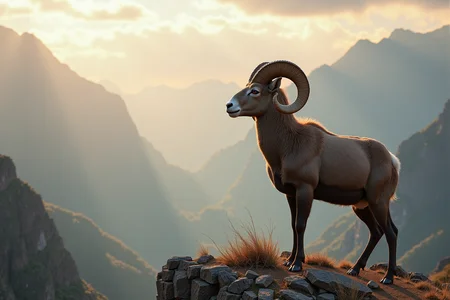 A regal ram standing tall on a rocky cliff, its thick, curling horns gleaming under the soft light of a setting sun. The ram's coat is rich and textured, with subtle hues of deep brown and gold. Its powerful stance exudes authority and strength, as it gazes out over a vast, mist-covered valley below. The background is a blend of rugged mountains and soft clouds, with a warm, golden glow highlighting the ram's proud figure. The atmosphere is majestic and serene, with a gentle breeze rustling through the sparse alpine grasses.