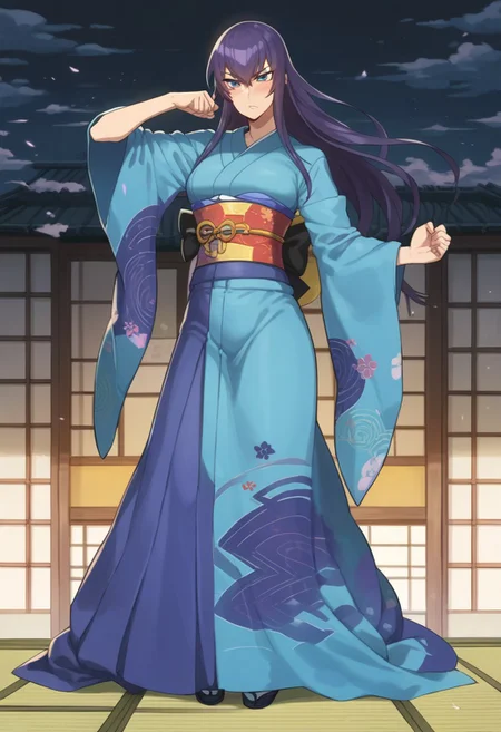 score_9, score_8_up, score_7_up, black bow tie, saeko_busujima, purple hair, blue eyes, long hair, hair between eyes, japanese clothes, multicolored kimono, obi, sash, blue kimono, wide sleeves, fighter pose, serious eyes, blushing, full body shot
