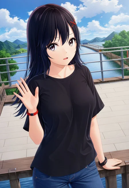 (masterpiece, best quality, absurdres), (realism:2), Yumi Yamaguchi, long hair:0.5, (black shirt), short sleeve shirt, oversized shirt, (black hair:2), bracelet, blue jeans, belt, red hair clip, 1girl, solo, (standing on bridge:2), (waving at viewer:2), Arms stretched up