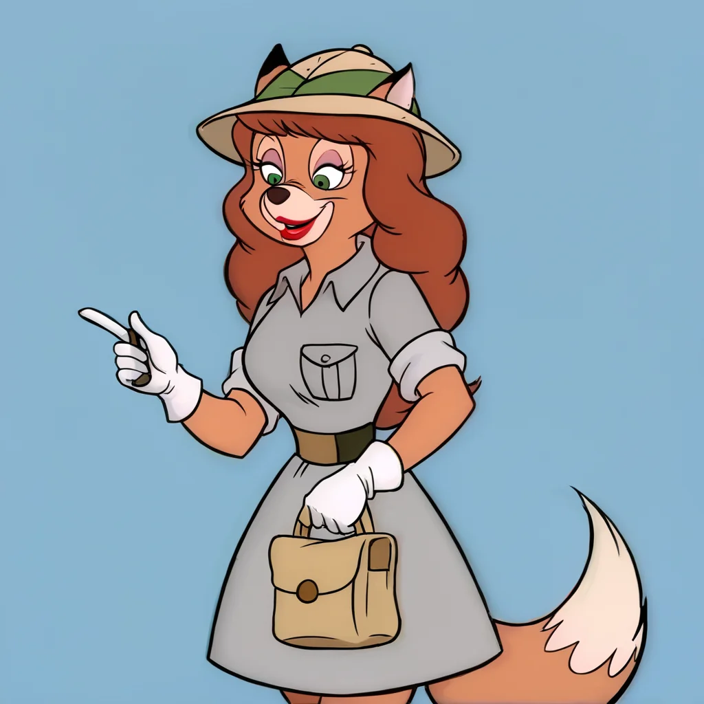 (Source talespin), (rating safe), <lora:katiedodd:1>, katie dodd, 1girl, solo, long hair, breasts, smile, open mouth, bangs, simple background, shirt, gloves, hat, dress, holding, animal ears, standing, tail, short sleeves, cowboy shot, teeth, white gloves, bag, fox ears, makeup, leaning forward, fox tail, blue background, looking down, half-closed eyes, happy, furry, sun hat, holding bag, ears through headwear, animal nose, grey headwear, yellow headwear, snout, two-tone fur, blue eyeshadow, furry female, fox girl, green eyes, body fur, brown fur, lipstick, red lips