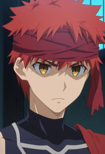 masterpiece, best quality, amazing quality,high resolution, intricate details, anime screencap , , , 1boy, solo, male focus, <lora:Shirou_Emiya:0.84>,shirou emiya,red hair,yellow eyes,short hair, headband, frown,shaded eyes,expressionless , close-up, portrait , vest, single sleeve, red sleeves