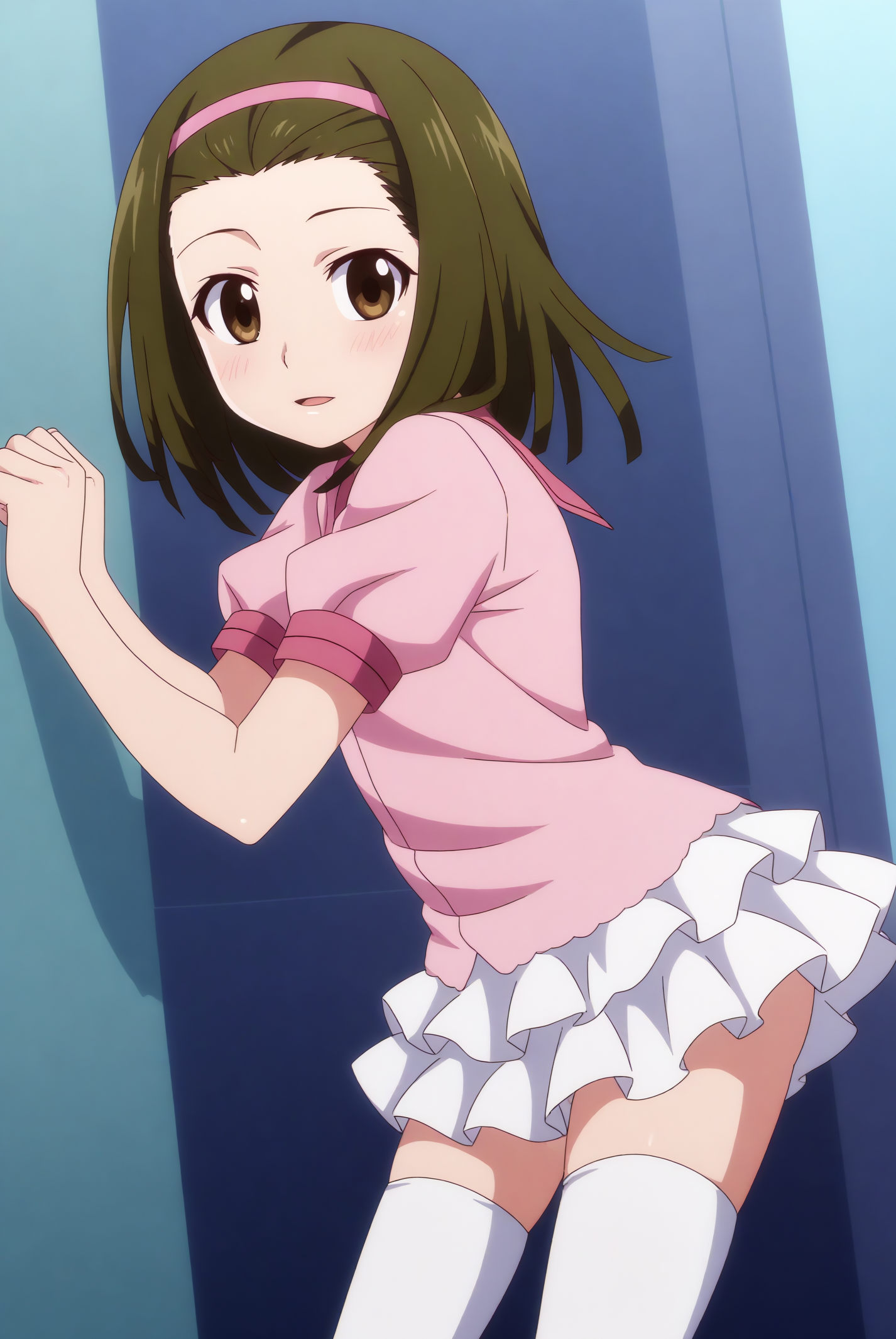 KomiNadeko, pink shirt, frilled skirt, white thighhighs, zettai ryouiki <lora:Monogatari-KomiNadeko-PDXL:0.8>