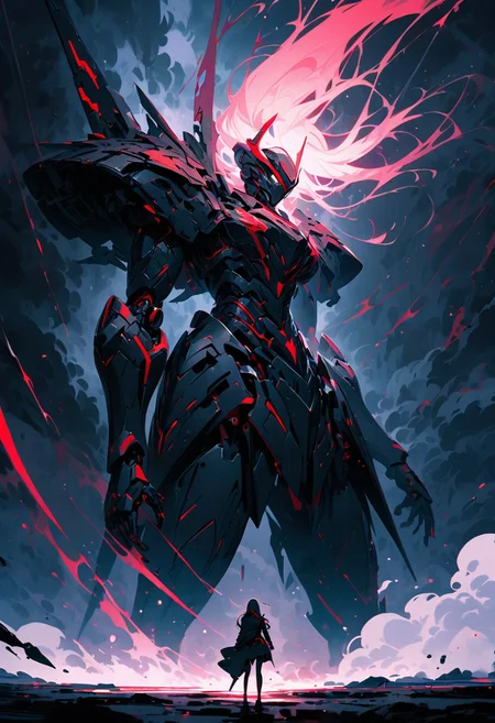 ((masterpiece, best quality, extremely detailed, absurdres)),(fantasic illustration, dynamic lighting), on the moon,
1girl, a beautiful woman leaps off her enormous robot, artistic use of contrasting colours and brightness, beautiful face, (guarded by her giant robot:1.2),storm clouds gather overhead, deep rich colours contrasts against the dull beiges and greys of the background, fullbody, asymmetrical dress, <lora:flat2:-1.8>, 8k, very fine detail, ((cinematic composition and lighting)), focus on the woman.