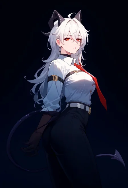 score_9, score_8_up, score_7_up, source_anime,
wrnchwuwazani, horns, hair between eyes, red eyes, long hair, large breasts, white hair, demon horns, ahoge,
demon tail,
collared shirt, white shirt, red necktie, long sleeves, black gloves, earrings, jewelry, black choker, black pants, belt, shirt tucked in, button gap
shy, rear view, Expressiveh