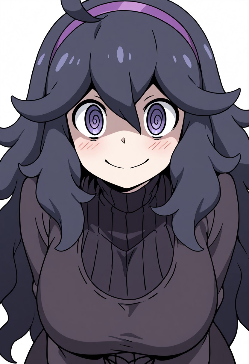masterpiece, best quality, solo, curvy, beautiful eyes, girl, solo, smile, looking at viewer, dynamic pose, from below, (fisheye), foreshortening, close up,  (leaning forward, eye focus, side view), anime screenshot, 
(upper body), white background,
hex maniac (pokemon), long hair, ahoge, purple hairband, purple eyes, large breasts,