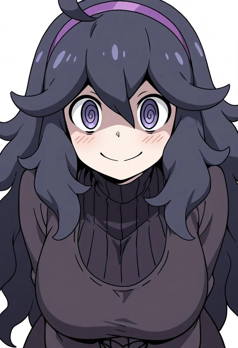 masterpiece, best quality, solo, curvy, beautiful eyes, girl, solo, smile, looking at viewer, dynamic pose, from below, (fisheye), foreshortening, close up, (leaning forward, eye focus, side view), anime screenshot,
(upper body), white background,
hex maniac (pokemon), long hair, ahoge, purple hairband, purple eyes, large breasts,