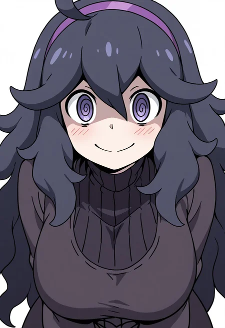 masterpiece, best quality, solo, curvy, beautiful eyes, girl, solo, smile, looking at viewer, dynamic pose, from below, (fisheye), foreshortening, close up,  (leaning forward, eye focus, side view), anime screenshot, 
(upper body), white background,
hex maniac (pokemon), long hair, ahoge, purple hairband, purple eyes, large breasts,