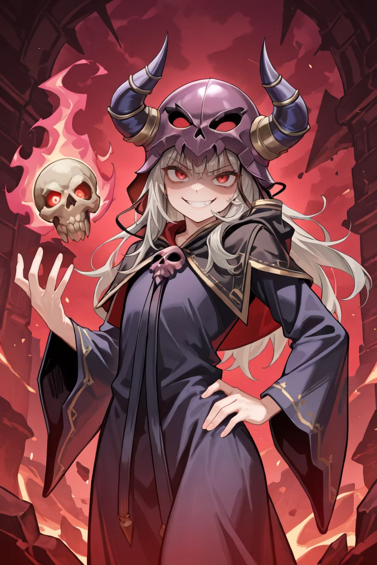 masterpiece, very aesthetic, absurdres, best quality, amazing quality, high resolution, <lora:illustrious_quality_modifiers_masterpieces_v1:0.8> , <lora:ChamIllustriousBackgroundEnhancer:0.5>, solo, <lora:NecromancerIL:0.85> , necdef, adult male, 1man, 1boy, red eyes, grey hair, skull, horned helmet, horns, fake horns, black capelet, robe, cowboy shot, looking at viewer, evil grin, shaded face, hand on hip, reaching towards viewer, flat chest,