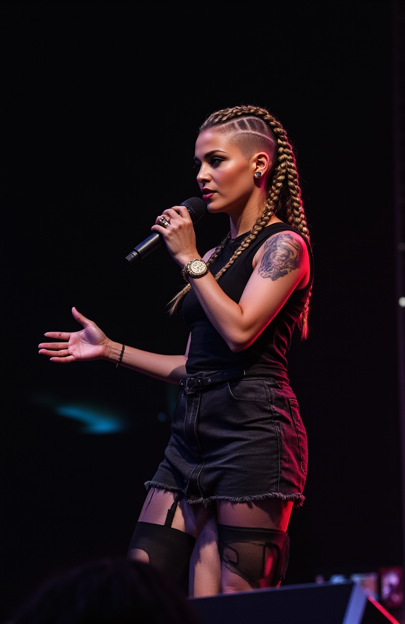 a woman on stage, with a rocking outfit, skirt, top, good lights, face <lora:FLUX_STYLE_SideCut:1> sidecut, braids