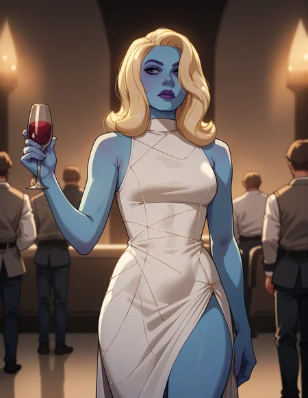 <lora:What_if_Nebula:0.8> nebula_wif, 1girl, blonde,white dress, blurred background, purple eyes, blue skin, on hand on hips, holding a glass of wine, thighs exposed, score_9, score_8_up, score_7_up, score_6_up, 2d, digital art, masterpiece, <lora:sinfully_stylish_PONY_0.2:0.3> dramatic lighting <lora:incase-ilff-v3-4:0.3> <lora:Expressive_H:0.3> expressiveh <lora:g0th1cPXL:0.3> g0th1cpxl