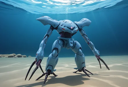 score_9, score_8_up, score_7_up, source_anime, front view, BREAK, ( hygogg, blue_hygogg_armor, pink monoeye, from side, looking at viewer, long arms, very long arms, long claws) 1mech, blue mech, wide mech, large shoulders, large shoulder armor, mech focus, solo, BREAK, two arms, swimming, underwater, river, small fish, floating,