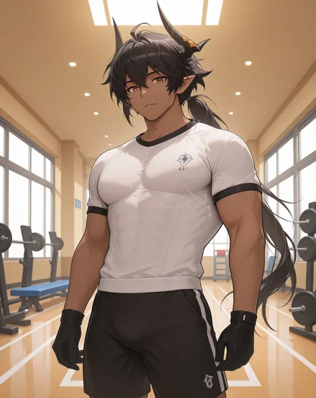 masterpiece,best quality,amazing quality, newest, very aesthetic, absurdres,
1boy, solo, yaoi, male focus, looking at viewer, cowboy shot, standing,
<lora:Sol_Limit_Break:1> lbsol, dark skin, horns, dark-skinned male, pointy ears, black hair, orange eyes, muscular male, hair between eyes, ponytail,
gym uniform, gym shorts, gym shirt,
indoors, gym,